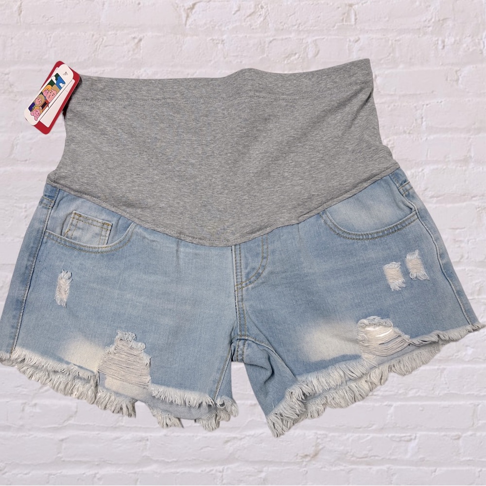 Maternity Belly care Support light blue wash distressed Denim Shorts NWT